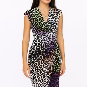 🆕🏷️Roberto Cavalli Black & Purple Animal Print Dress with Brooch Detail –